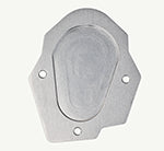 Sidestand shoe top plate – 1 nos A silver metal mounting plate with a central oval recess and four pre-drilled screw holes, shown against a plain white background.