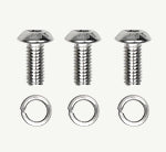All necessary fasteners, spacers & washers included (refer to installation manual) Three silver metal flat head screws with matching flat washers, arranged in a row on a plain white background.