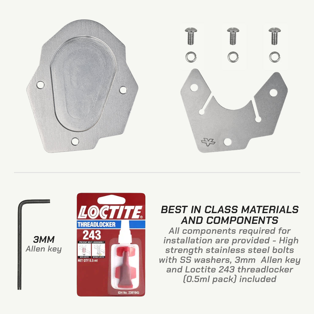 Installation kit components on a light gray background, including two stainless steel mounting plates, four screws with washers, an Allen key, a Loctite Threadlocker 243 bottle in its retail packaging, and descriptive text about included parts.