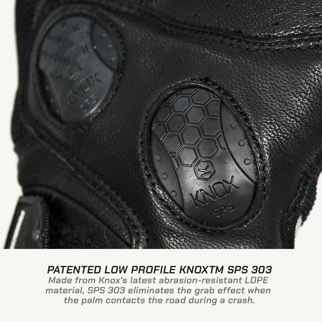 color_common Close-up of a black glove with Knox branding, highlighting the palm area.