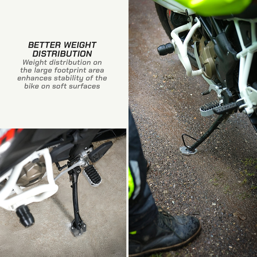 A split-panel marketing image showing close-up views of a motorcycle's rear suspension, foot pegs, and kickstand, with text on the left reading 'BETTER WEIGHT DISTRIBUTION' and a person's boot visible in the right panel standing on gravel next to the bike.