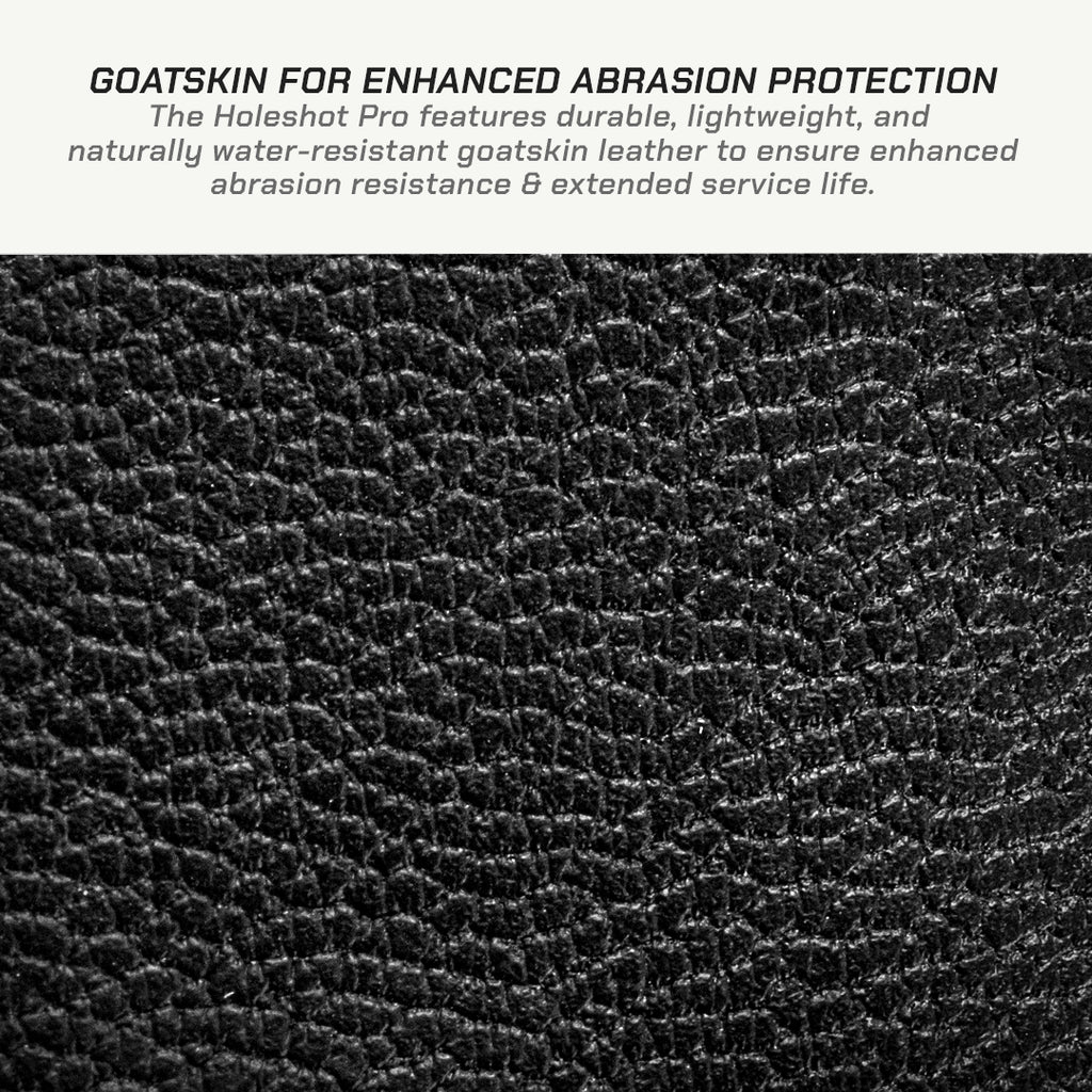 color_common Close-up of goatskin leather with text about enhanced abrasion protection.