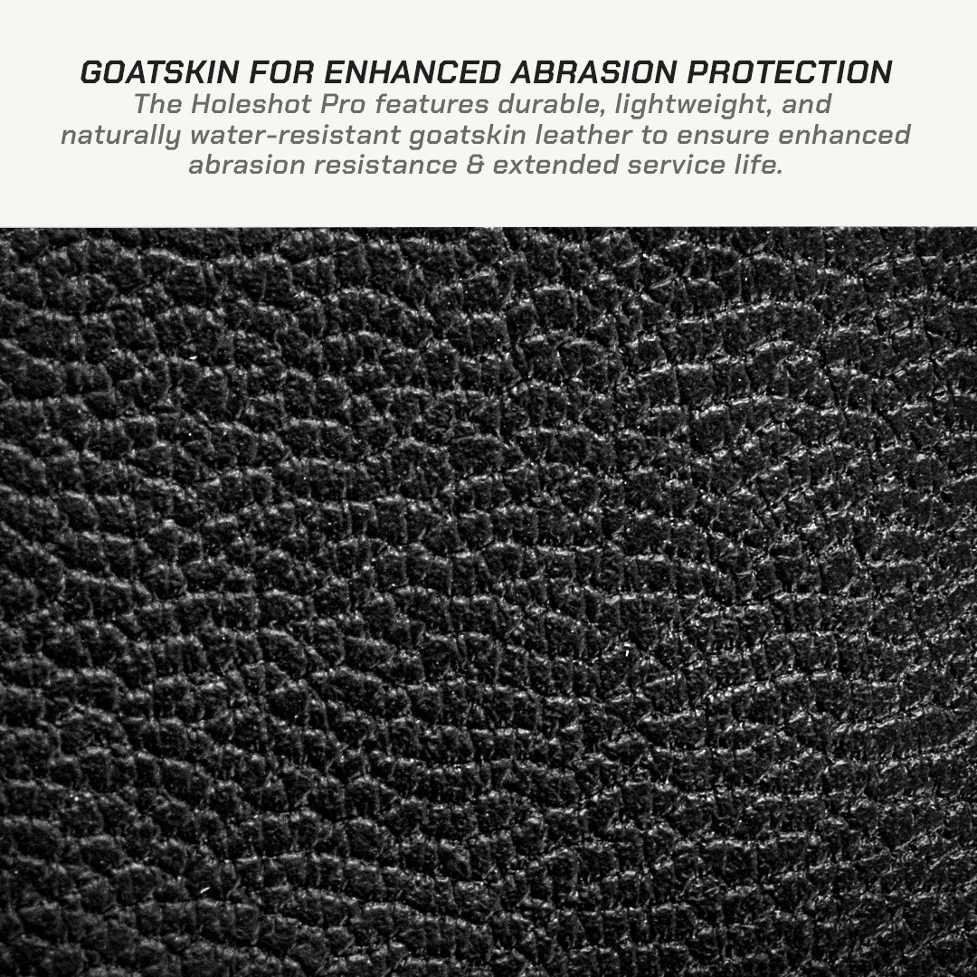 color_common Close-up of goatskin leather with text about enhanced abrasion protection.