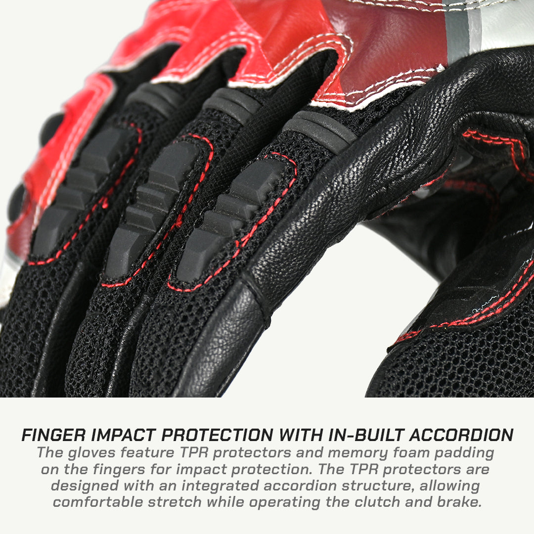color_common Black and red gloves with TPR protectors and memory foam padding on a white background