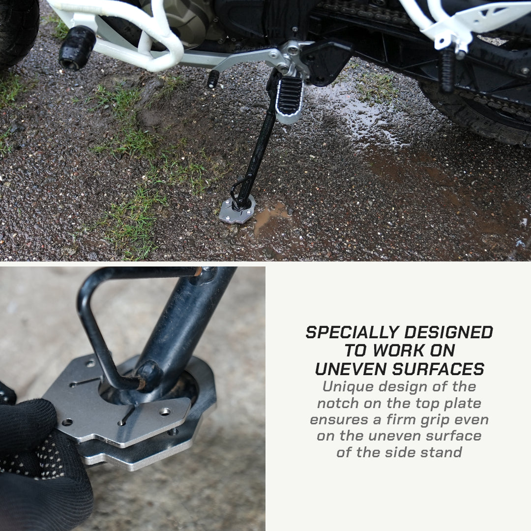 A motorcycle side stand shown outdoors on wet gravel, with a close-up detail of the foot peg and base plate. Text on the right explains that the stand is specially designed to work on uneven surfaces due to its unique notch design.