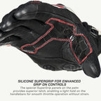 color_common Black motorcycle glove with red stitching on a white background