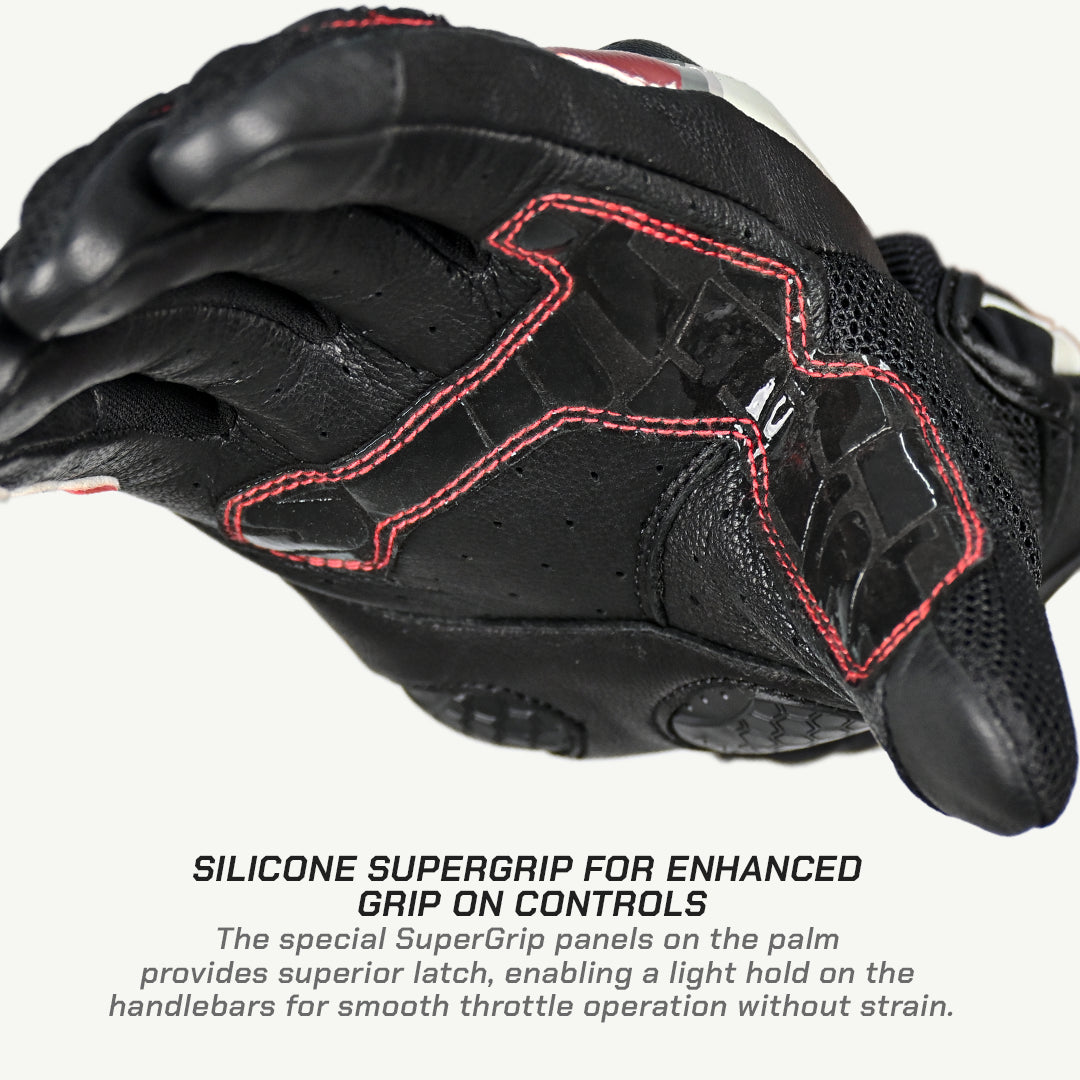 color_common Black motorcycle glove with red stitching on a white background