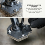 Close-up of a metal shoe clamping device with a gloved hand using a hex wrench to tighten a fastener, alongside text explaining strong clamping due to stainless steel and high torque.