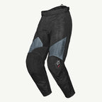 color_Monochrome-Dark-Grey Black and white motorcycle pants with 'Valira' branding on a white background