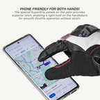 color_common Motorcycle glove with phone-friendly design on a smartphone displaying navigation app.