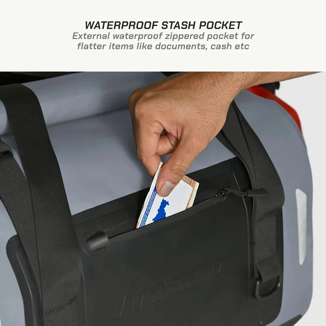 color_common ViaTerra drybag 55l - 100% waterproof motorcycle tailbag has a waterproof stash pocket