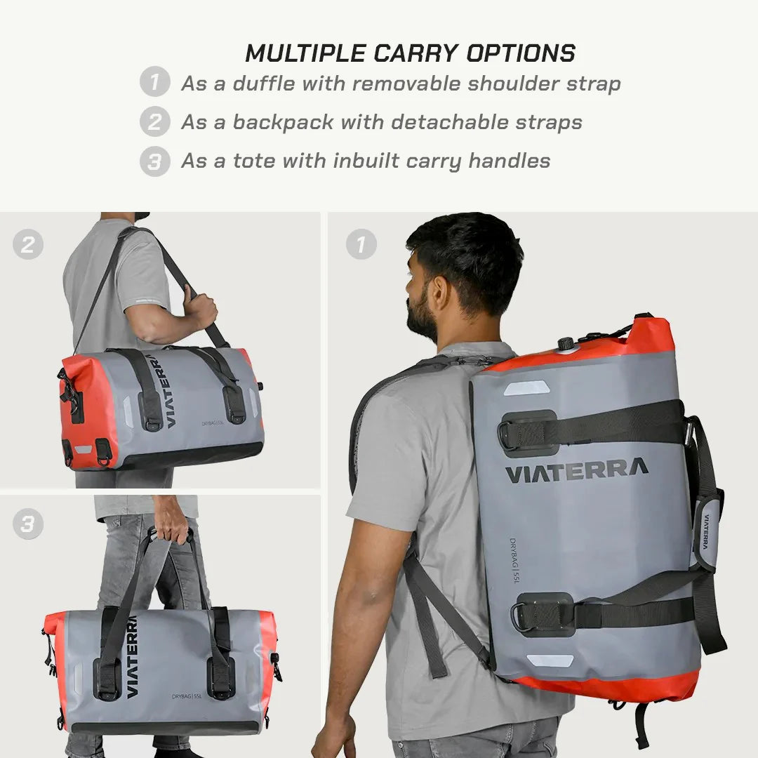 color_common ViaTerra drybag 55l - 100% waterproof motorcycle tailbag has multiple carrying option