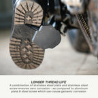 Close-up of a motorcycle step-through plate mounted over a treaded boot sole, with text below explaining longer thread life and corrosion resistance.