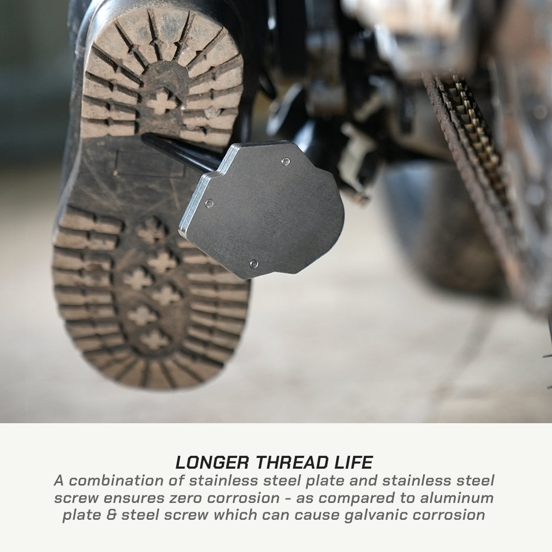 Close-up of a motorcycle step-through plate mounted over a treaded boot sole, with text below explaining longer thread life and corrosion resistance.