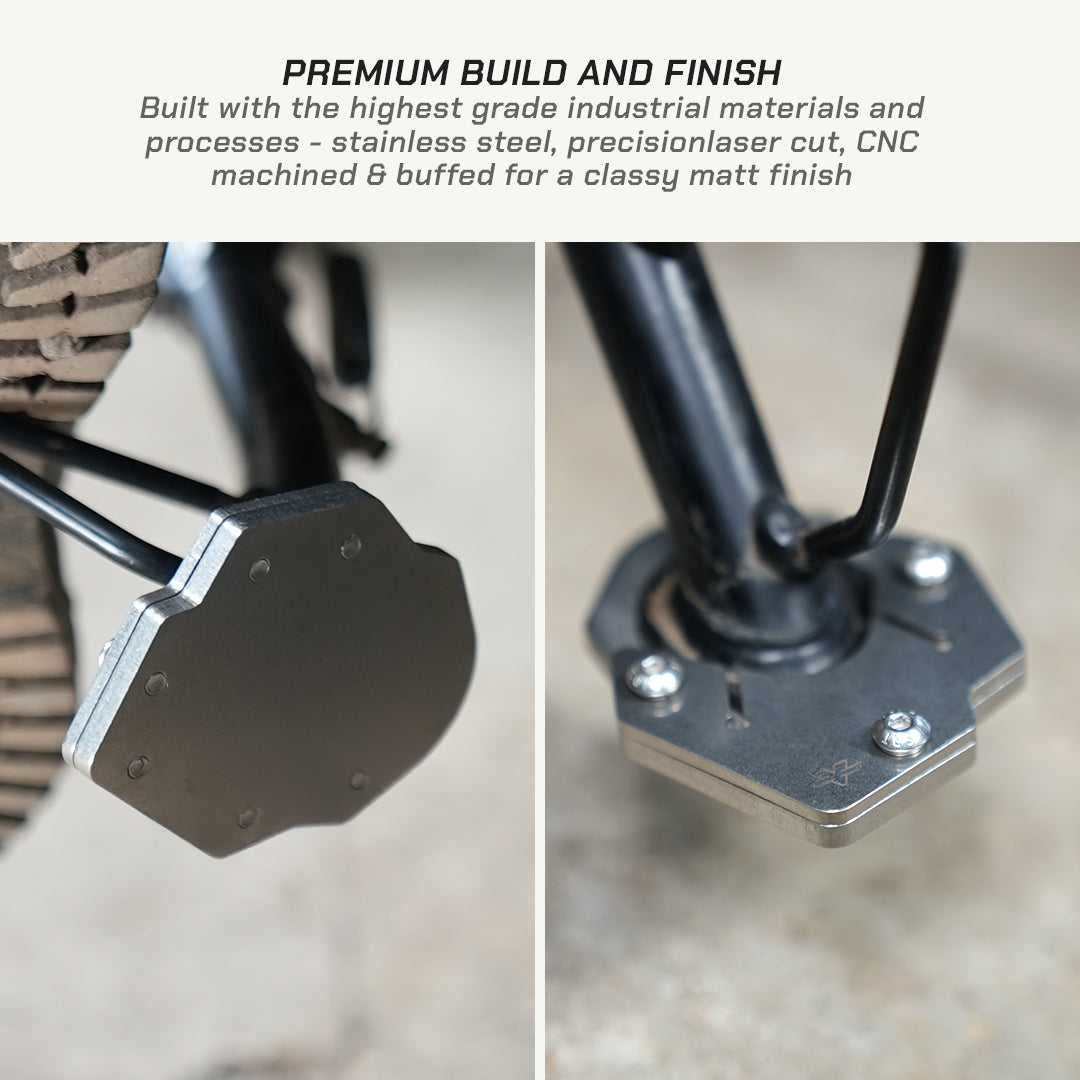 Close-up product detail shots of a black metal bike frame component with an octagonal brushed metal pad, shown against a blurred outdoor ground background. Text at the top reads 'PREMIUM BUILD AND FINISH' with material claims.