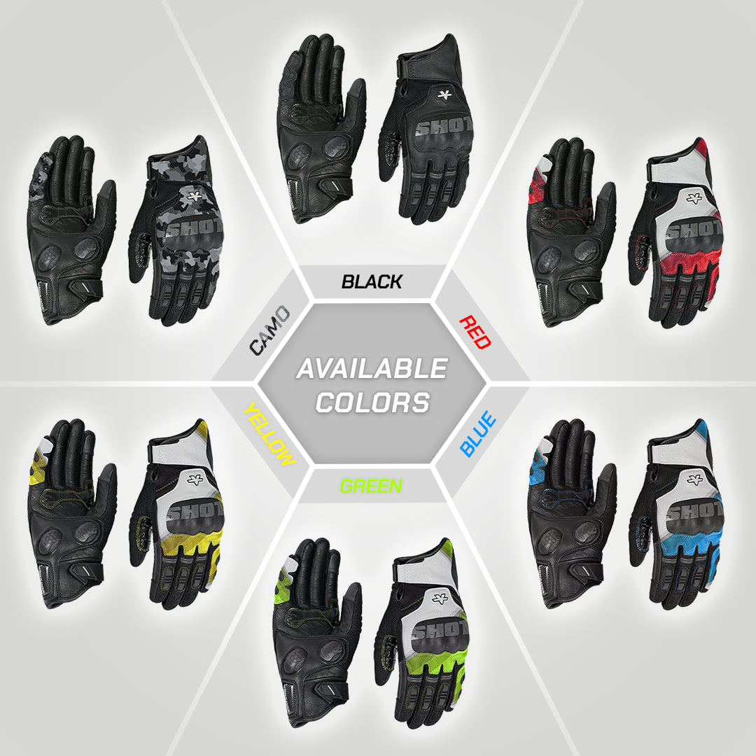 color_common Gloves in various colors including black, camo, red, blue, green, and yellow on a gray background.