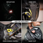 color_common Collage of motorcycle helmet features including reflectives, visor wipe, touch screen friendliness, and handy clip.