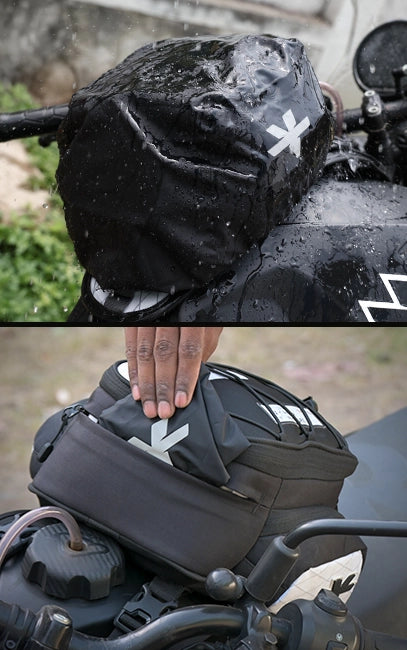 All-Weather Coverage Motorcycle saddlebags with a visible brand logo, one wet and one dry.