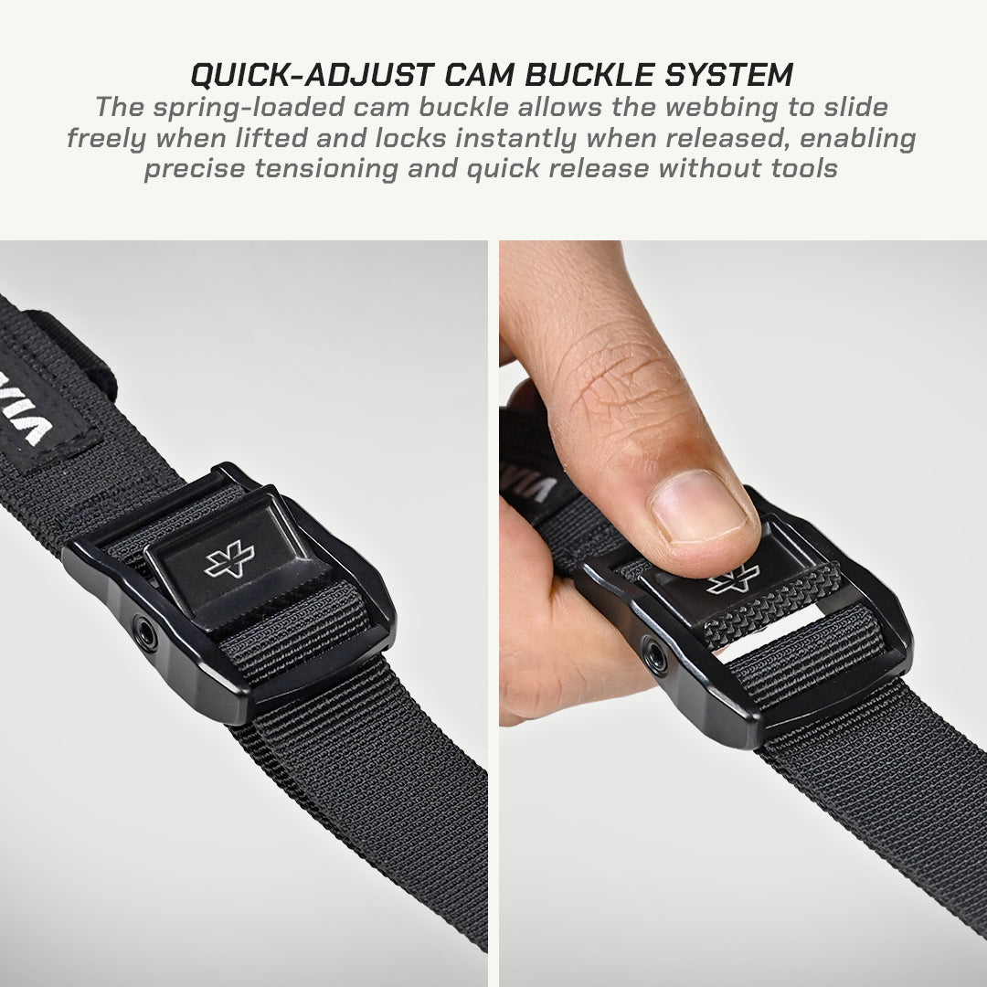 Black webbing belt with quick-adjust cam buckle system on a gray background