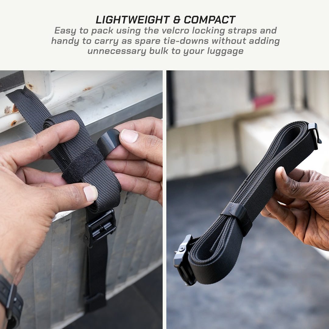 Black velcro locking strap being used to secure a package to a vehicle, with text highlighting its lightweight and compact nature.
