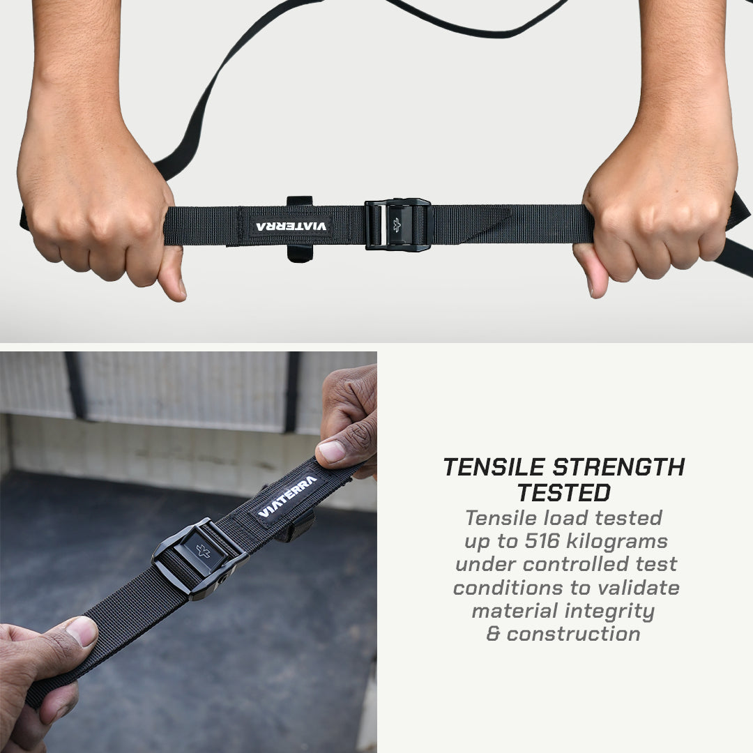 Black strap with a brand logo held by hands, with text about tensile strength testing.