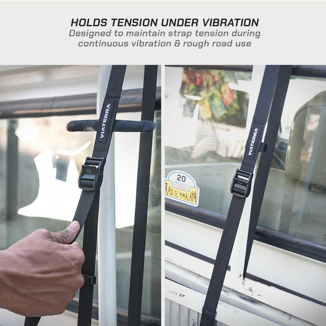 Black strap with a clip held by a hand, attached to a vehicle window, with text about maintaining tension during vibration.