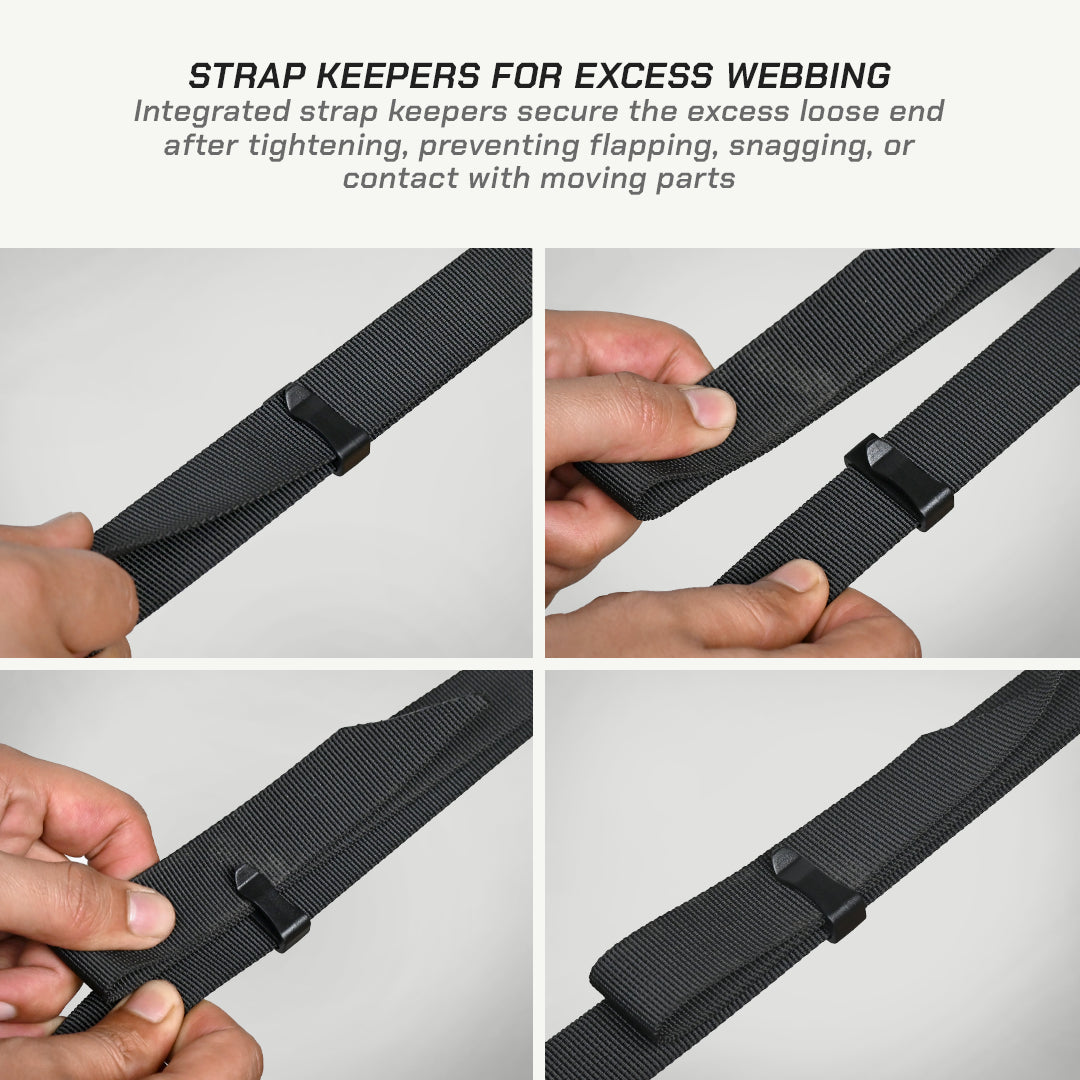 Strap keepers for excess webbing with text explaining their function on a gray background.