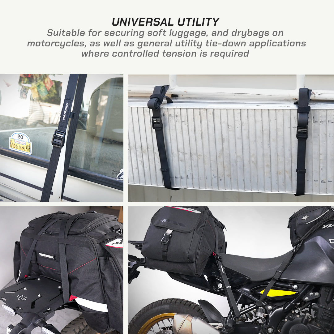 Motorcycle luggage straps and bags with text on universal utility.