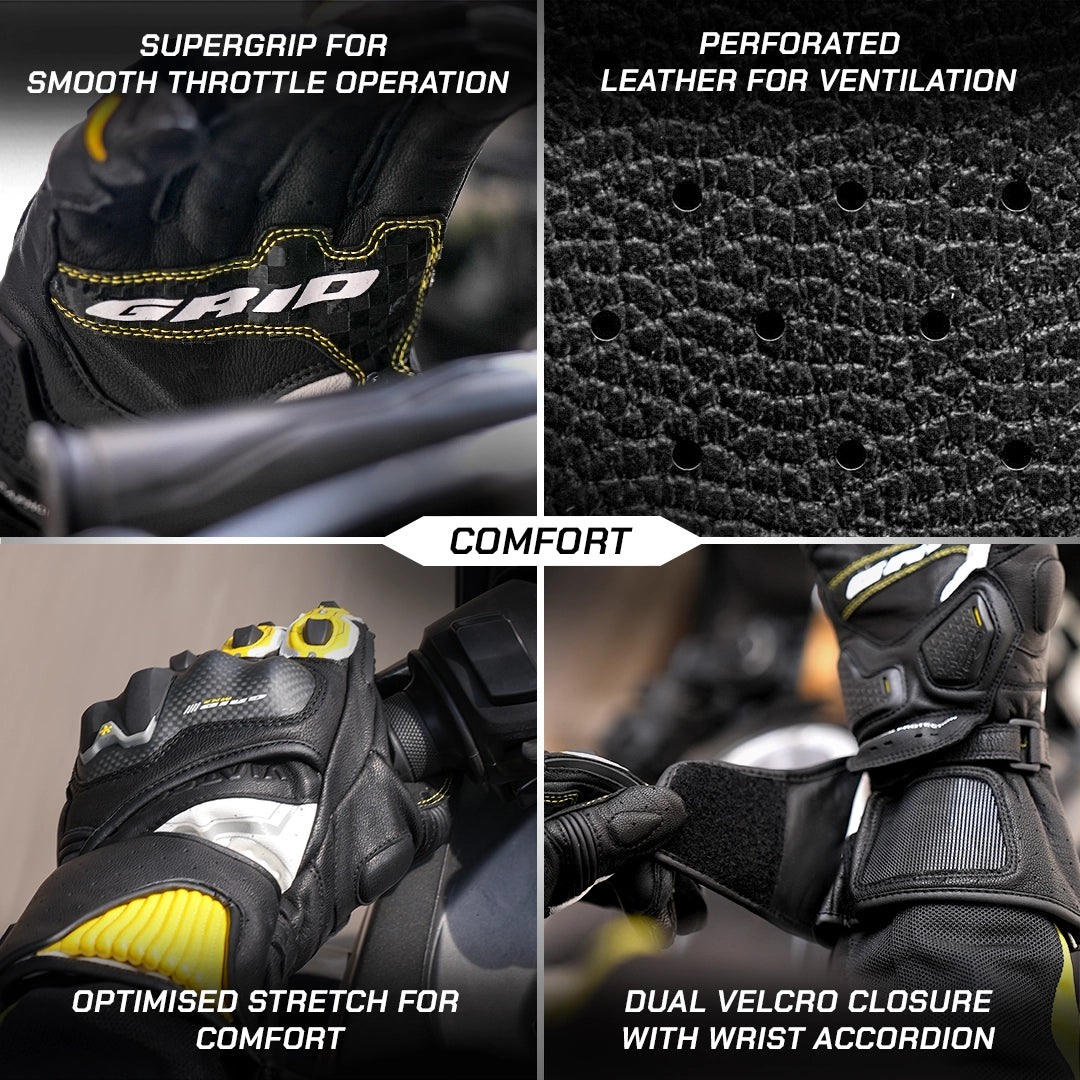 color_common Motorcycle glove features with text highlighting grip, ventilation, comfort, and closure.