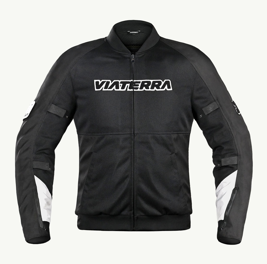 color_common Black jacket with 'VIATERRA' logo on a white background
