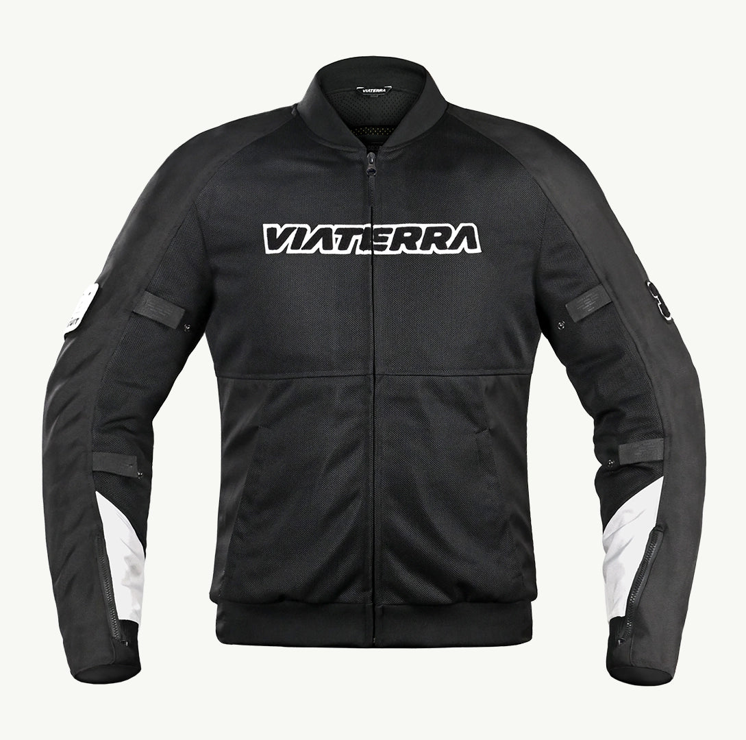 color_common Black jacket with 'VIATERRA' logo on a white background