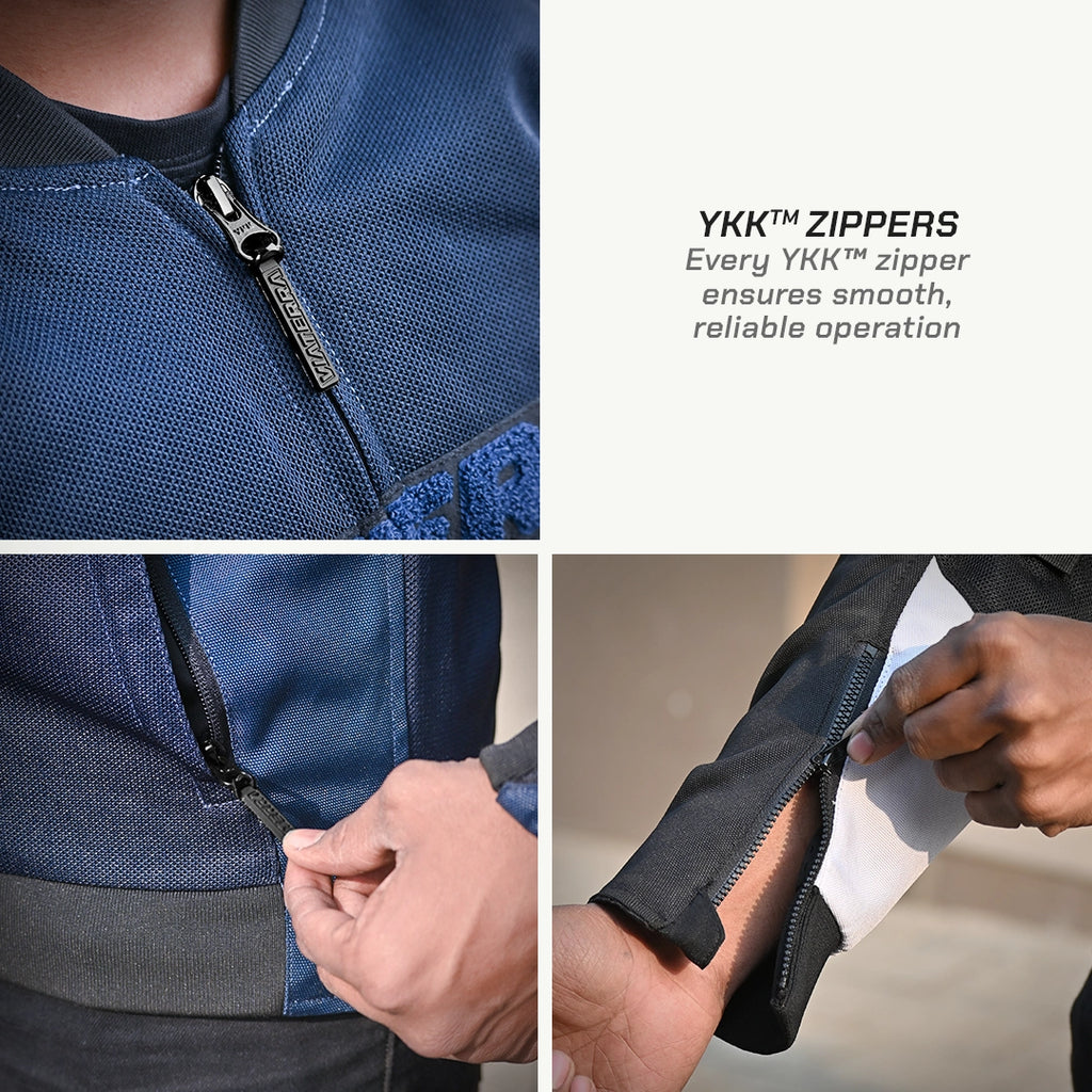 color_common Collage of a blue jacket with YKK zippers, showing close-ups and usage examples.