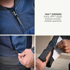 color_common Collage of a blue jacket with YKK zippers, showing close-ups and usage examples.