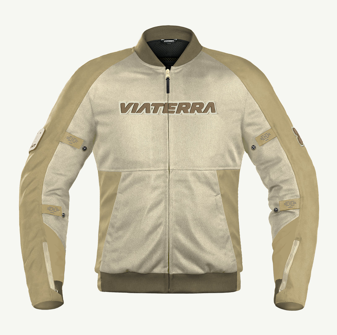 color_common Beige and brown jacket with 'VIATERRA' branding on a white background