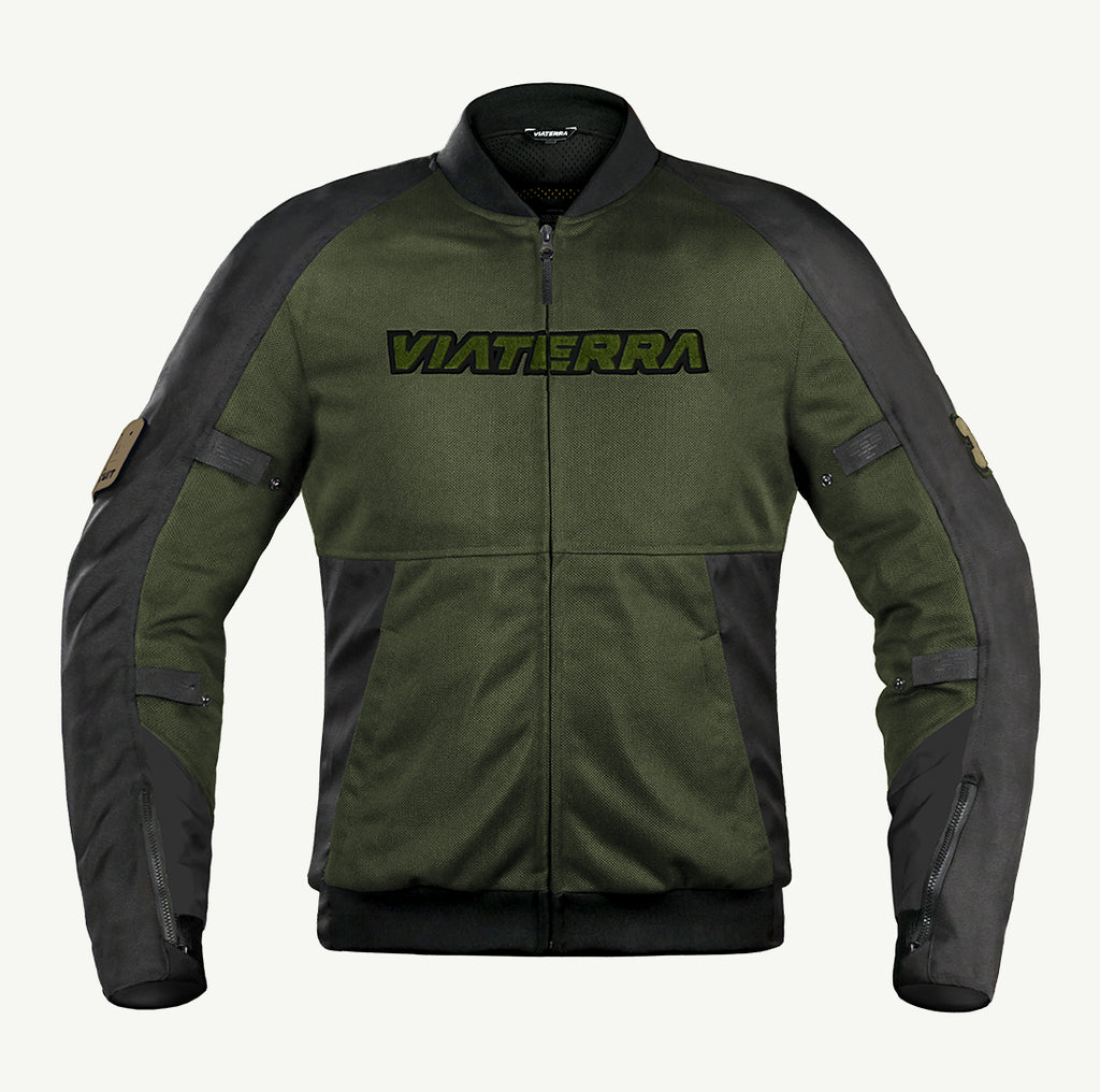color_common Green and black jacket with 'Viaterra' branding on a white background