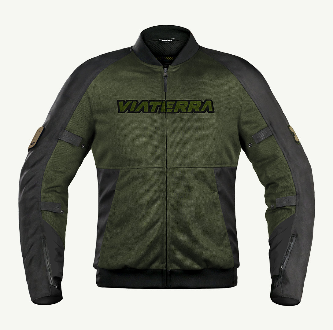 color_common Green and black jacket with 'Viaterra' branding on a white background