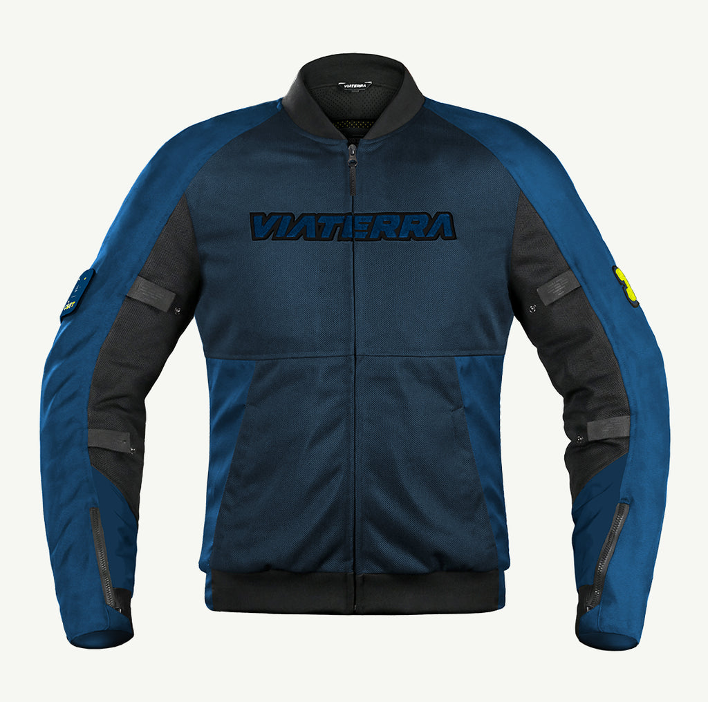 color_common Blue and black jacket with 'Viaterra' branding on a white background