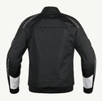 color_common Black motorcycle jacket with white accents on a light gray background