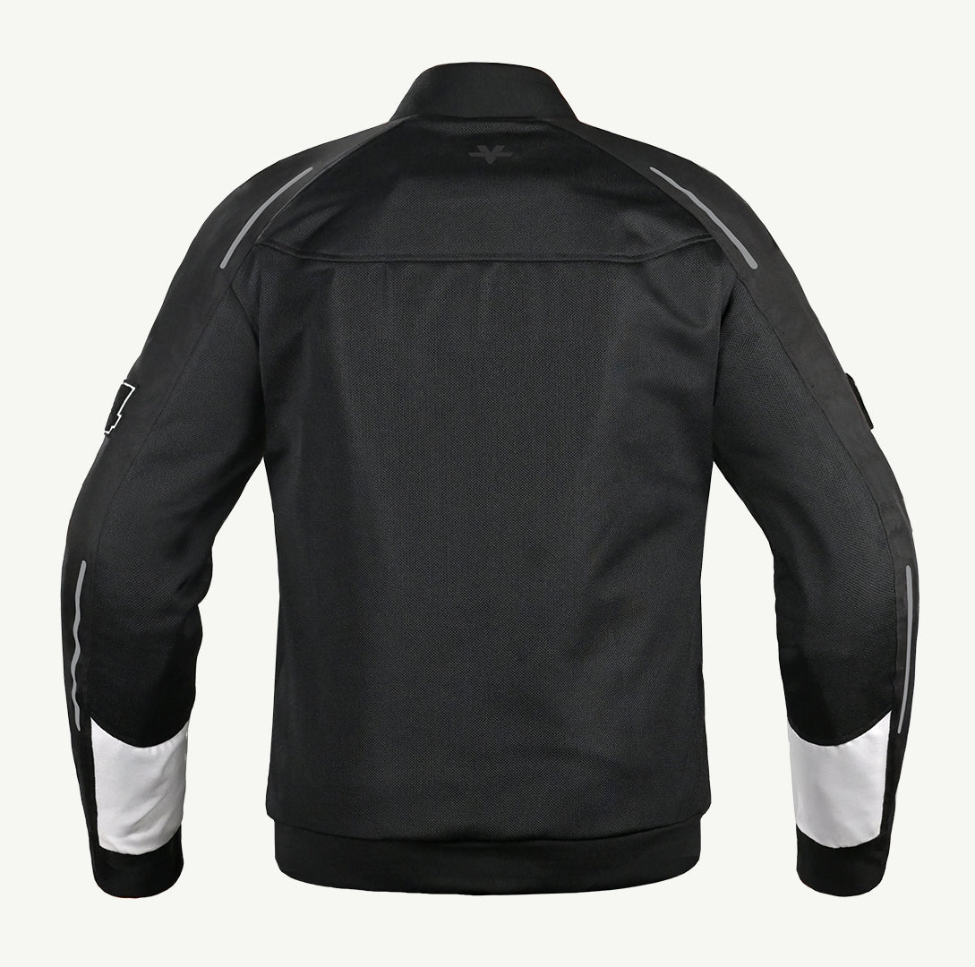 color_common Black motorcycle jacket with white accents on a light gray background