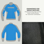 color_common Blue and gray jacket with text about Indian weather and mesh construction