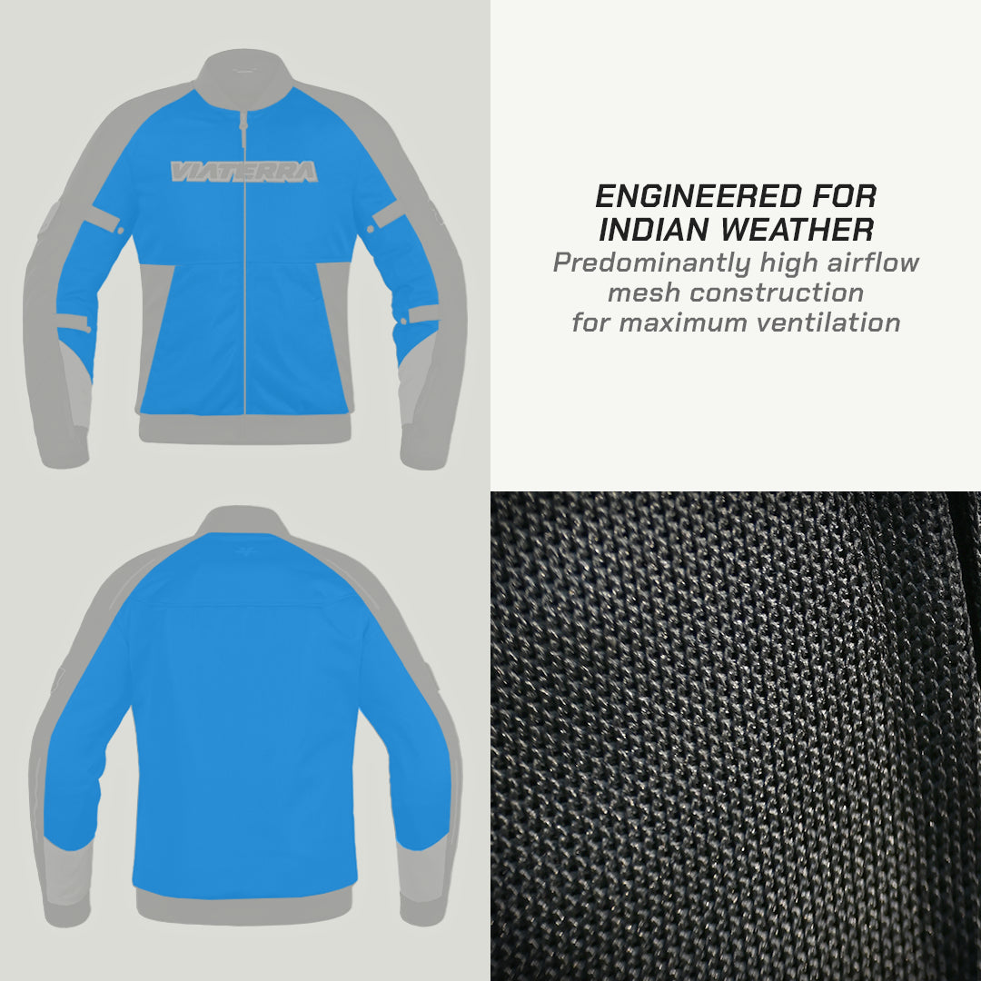 color_common Blue and gray jacket with text about Indian weather and mesh construction