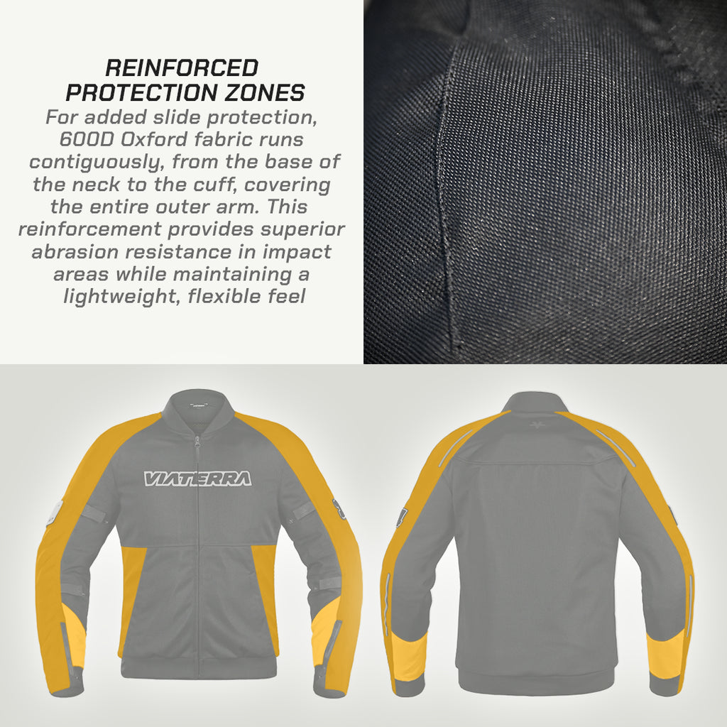 color_common Gray and yellow jacket with reinforced protection zones text and fabric close-up