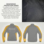 color_common Gray and yellow jacket with reinforced protection zones text and fabric close-up