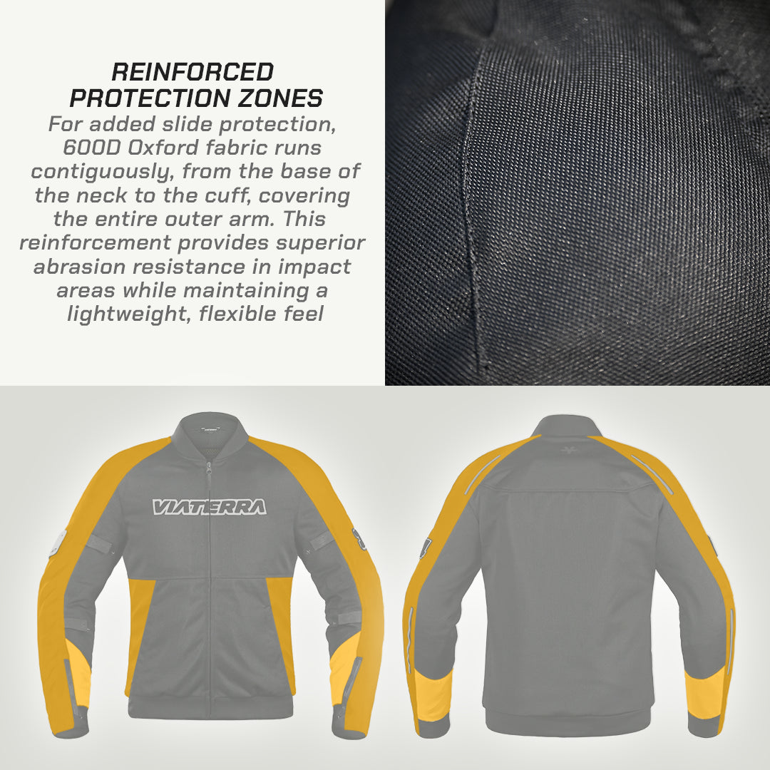 color_common Gray and yellow jacket with reinforced protection zones text and fabric close-up