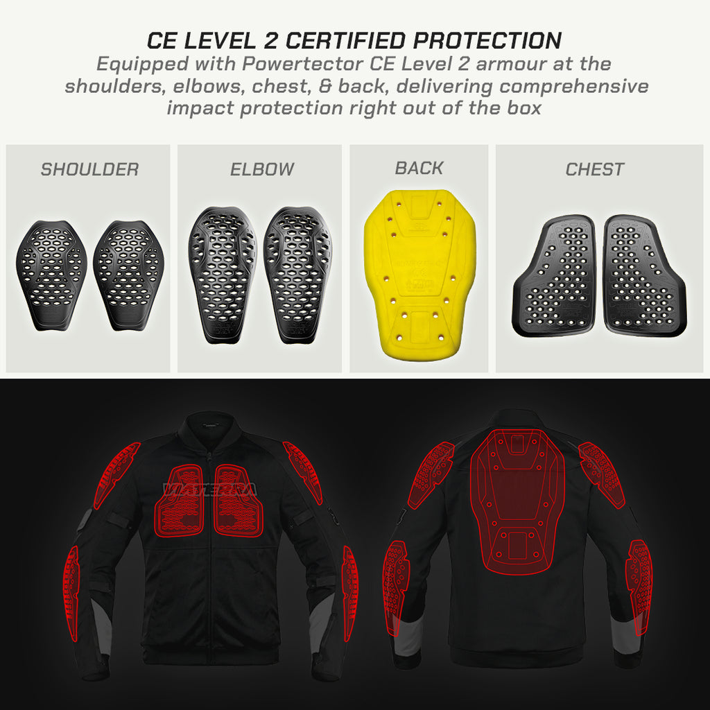 color_common Motorcycle jacket with CE Level 2 certified protection pads on a black background