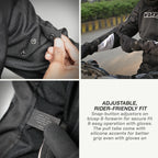 color_common Motorcycle jacket with adjustable features and a rider on a bike in the background.