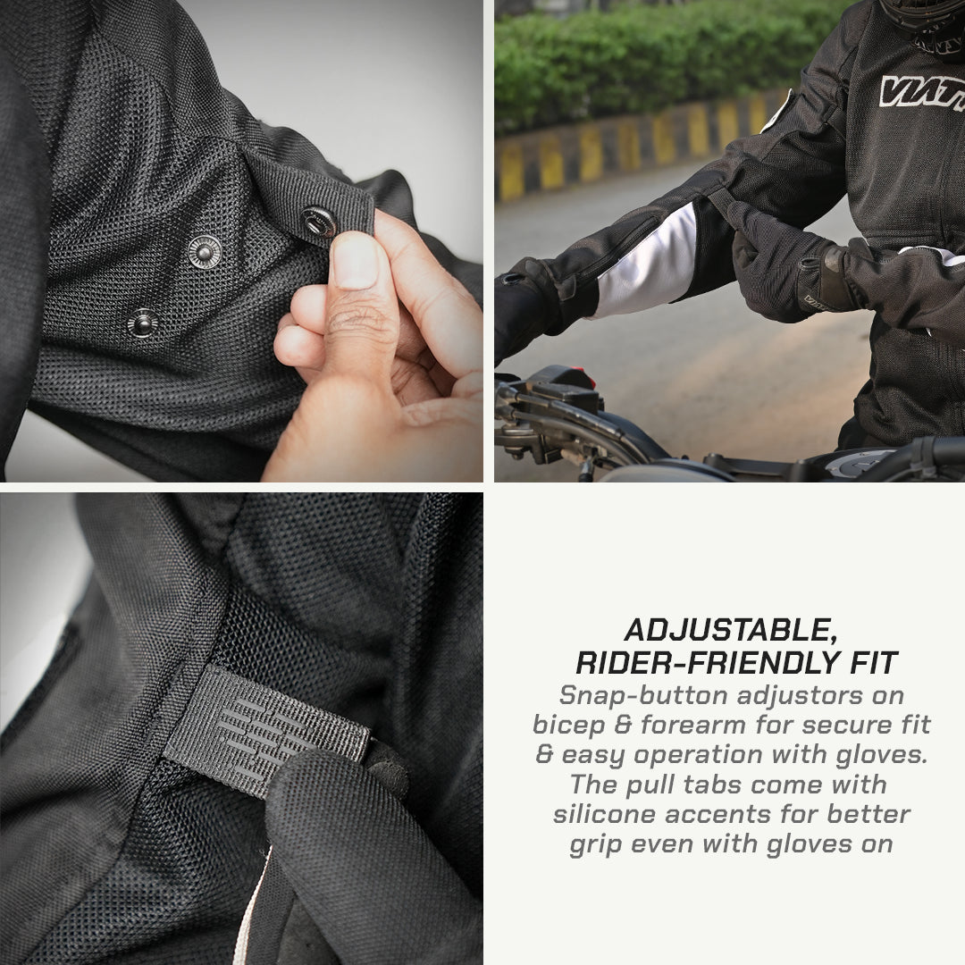 color_common Motorcycle jacket with adjustable features and a rider on a bike in the background.