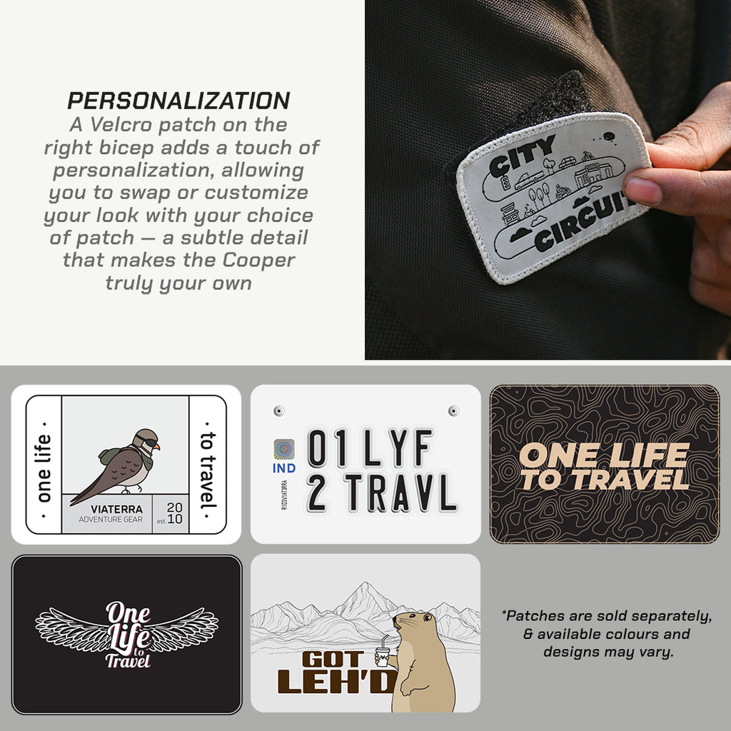 color_common Collection of customizable patches with text and graphics, held by a hand.