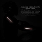 color_common Person wearing a black jacket with reflective elements in a dark setting, highlighting safety features.