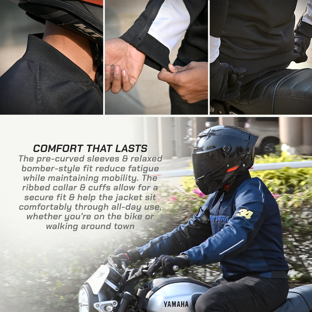 color_common Motorcycle jacket and helmet with text describing comfort and fit, featuring a Yamaha motorcycle.